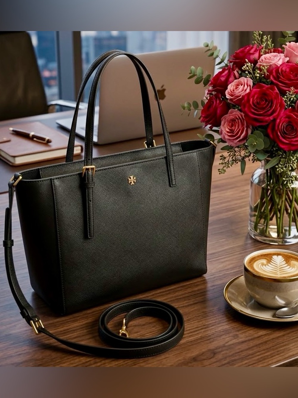 Tory Burch Emerson Small Top Zip Tote Black Saffiano Leather Crossbody Bag